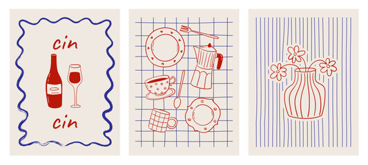 Set of hand drawn vintage posters in dolce vita style. Whimsical drawings of wine, coffee, pastries and flowers. Breakfast, lunch, dinner concept. Contemporary art vector illustrations