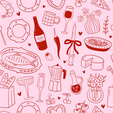 Naklejki Seamless vector pattern with hand drawn whimsical illustrations of food and drinks. Background with doodle drawings of italian and french food, cocktails, flowers and decor. Coquette line art texture