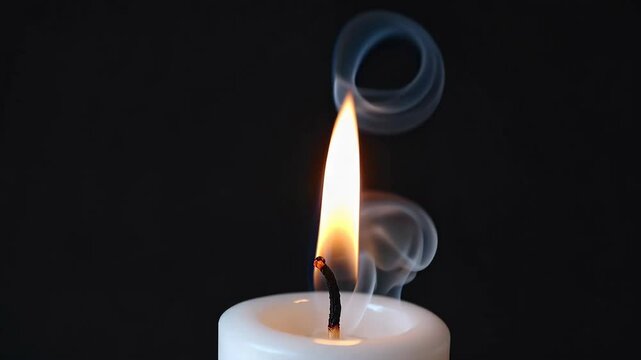 Candle extinguishing sequence: flame burning, flicker, smoke rising in slow motion