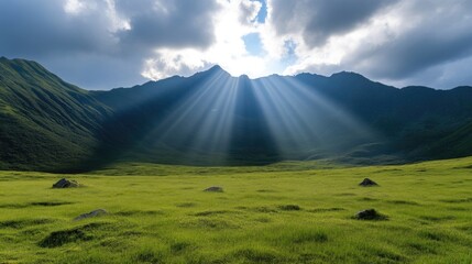Obraz premium Sunbeams piercing through clouds over a verdant valley