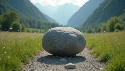Heavy boulder blocks narrow path. Life obstacles, emotional healing journey. Concept of challenges, mental health, recovery. Nature scene highlights introspection, overcoming difficulties,