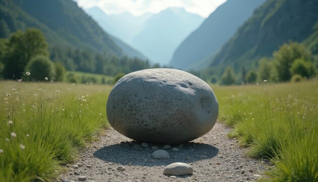 Heavy boulder blocks narrow path. Life obstacles, emotional healing journey. Concept of challenges, mental health, recovery. Nature scene highlights introspection, overcoming difficulties,
