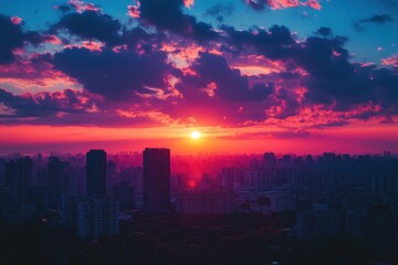Obraz premium Gorgeous scenery, a metropolitan skyline at sunset, and a vivid sky Enchain. Generative Ai