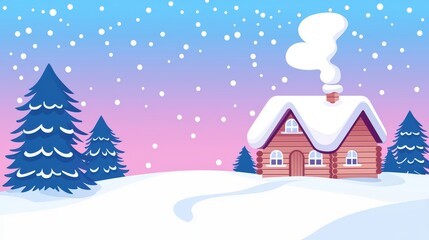 Fototapeta premium Cozy winter cabin in snowy landscape with trees