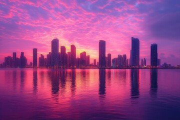 Fototapeta premium Gorgeous scenery, a metropolitan skyline at sunset, and a vivid sky Enchain. Generative Ai