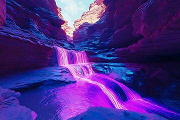 A glowing desert canyon drowning in cascading neon streams of magenta and cyan, casting dynamic shadows against radiant rocks.