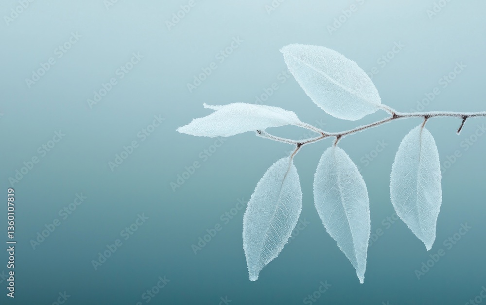 Poster close-up of a slender branch with several translucent leaves covered in dewdrops, set against a soft
