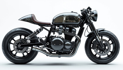 Fototapeta premium Detailed transparent X-Ray view custom-built cafe racer motorcycle. Detailed 3D render engine frame components illustration. Vehicle features powerful engine, wheels, tires, exhaust, suspension on