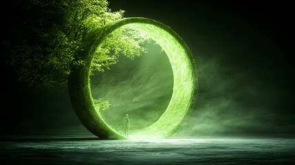 A luminescent green portal beckons. This image might be used as cover art. An intriguing design with abstract surreal qualities. The image evokes a sense of wonder.