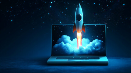 Innovation and Technology, Showing a Rocket Launching from a Laptop Screen Against a Starry Background.