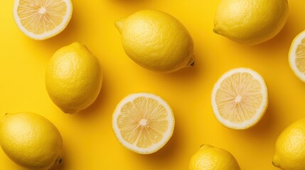 Vibrant Overhead Shot of Whole and Halved Lemons Artfully Arranged Against a Bright Yellow Background for a Fresh and Lively Visual Appeal