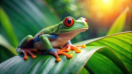 Vibrant Red-Eyed Tree Frog Perched on Lush Green Leaf in Sunlight