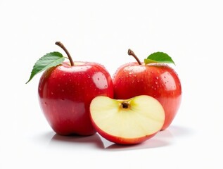 Fresh red apples on white background, one apple sliced in half to reveal inside.
