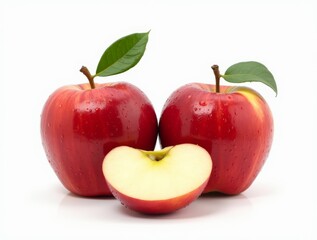 Fresh red apples on white background, one apple sliced in half to reveal inside.
