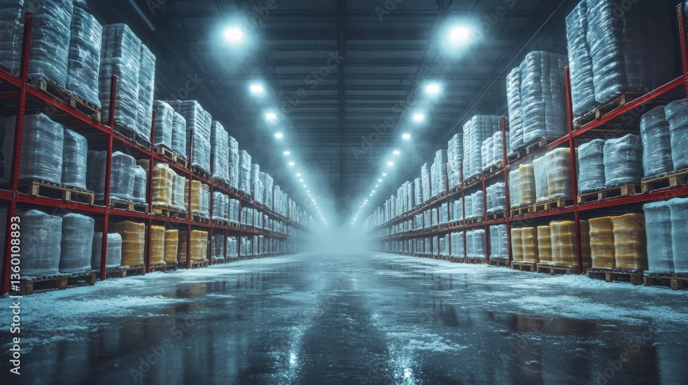 Poster rows of tall shelves filled with pallets in a cold storage warehouse focused on efficient inventory 