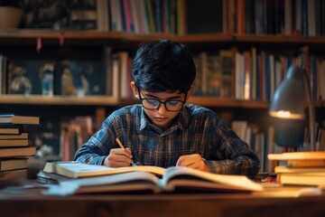 young indian boy wearing glasses studying intently under lamp light in cozy library filled with books. education, learning, knowledge pursuit, study. educational poster, back to school