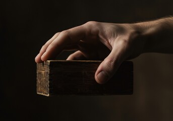 Hand holding small dark wooden box low light dramatic lighting. AI Generated