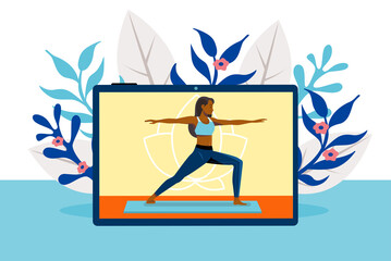 African-American woman practicing online yoga class on tablet screen with floral background. Flat vector illustration