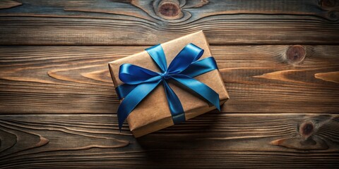 Naklejka premium A thoughtfully wrapped gift box with a vibrant blue ribbon, resting on a rustic wooden surface.
