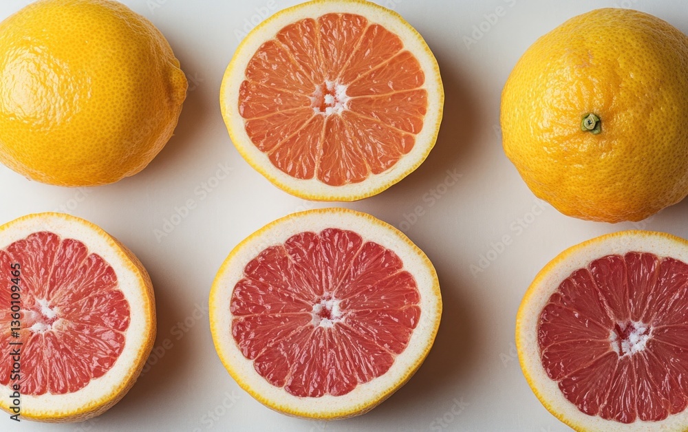 Poster overhead shot of three whole and three halved grapefruits on a light gray surface. yellow and reddis
