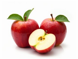 Fresh red apples on white background, one apple sliced in half to reveal inside.

