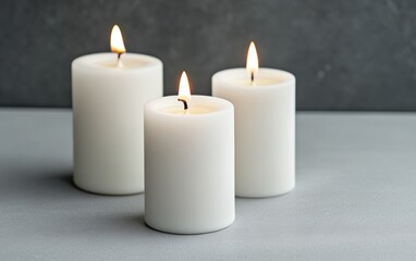 Three white cylindrical candles burning brightly on a gray textured surface. Soft, warm light illuminates the scene