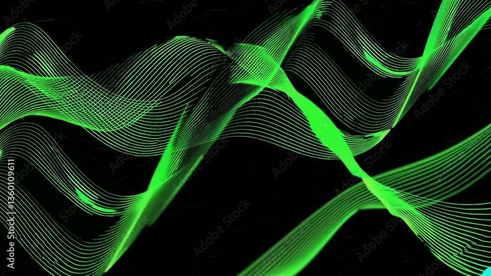 Poster dynamic abstract green wave patterns flowing across black background