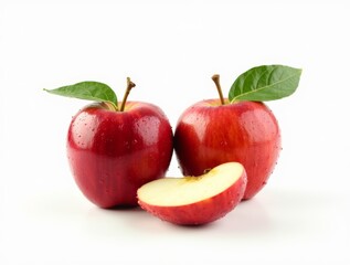 Fresh red apples on white background, one apple sliced in half to reveal inside.
