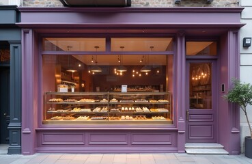 Modern purple pastry shop exterior design. Large glass window delicious desserts. Street view perspective. Bakery building. Desserts on display. Urban city business facade with sweet food, cafe.