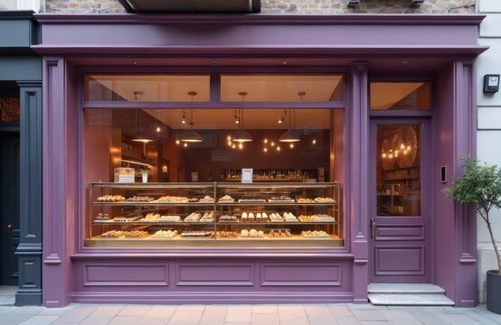 Modern purple pastry shop exterior design. Large glass window delicious desserts. Street view perspective. Bakery building. Desserts on display. Urban city business facade with sweet food, cafe.