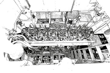 Illustrazione, motore di una barca