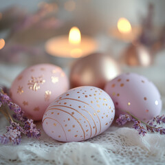 Fototapeta premium Decorative Easter eggs with candles and lavender.