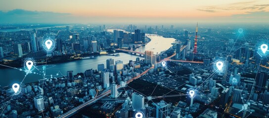 Aerial view modern cityscape with navigation map and GPS pin location pointing graphic. Generate AI