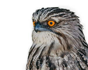 Obraz premium Captivating Close-Up of a Tawny Frogmouth Bird with Striking Orange Eyes Showcasing the Beauty and Detail of Wildlife Photography in Natural Colors
