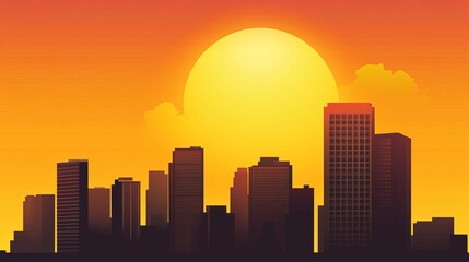 Silhouetted city skyline at sunset with vibrant orange sky and clouds, illustrating urban life