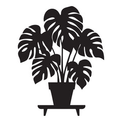 Monstera deliciosa plant in pot silhouette vector Black, potted plant vector silhouette vector. with white background