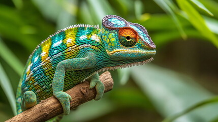 Obraz premium A detailed close-up of a colorful chameleon