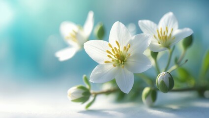Fototapeta premium White flowers with yellow centers, bokeh background, soft lighting