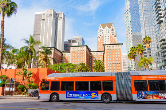 Los Angeles, California - December 3, 2024: Modern Metro Bus at Pershing Square in Los Angeles