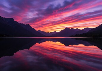 Fototapeta premium Fiery sunset paints mountain lake reflection vibrant hues. AI Generated
