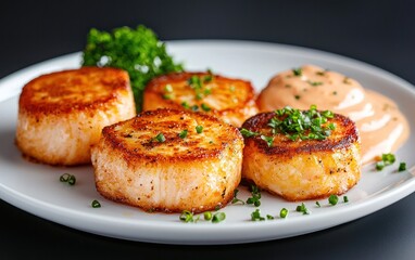 Four pan-seared scallops on a white plate with a creamy sauce and fresh herbs.  The scallops are golden brown and appear juicy. The image is well-lit, highlighting the texture and color of the food