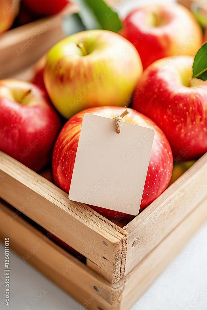 Poster fresh red and green apples placed in a rustic wooden crate with a blank tag for labeling. bright fru