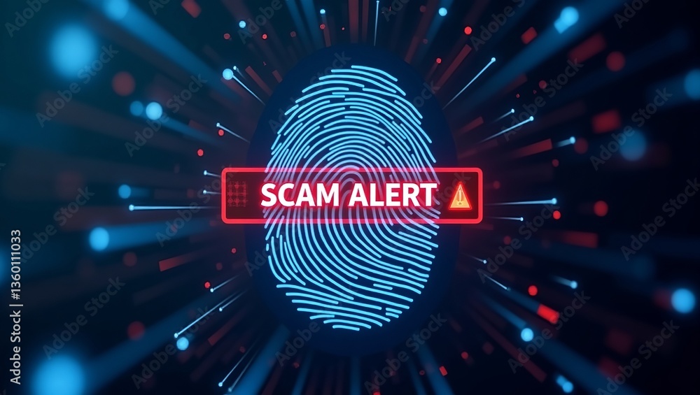 Poster digital fingerprint with a red scam alert notification, emphasizing cybersecurity and online safety.