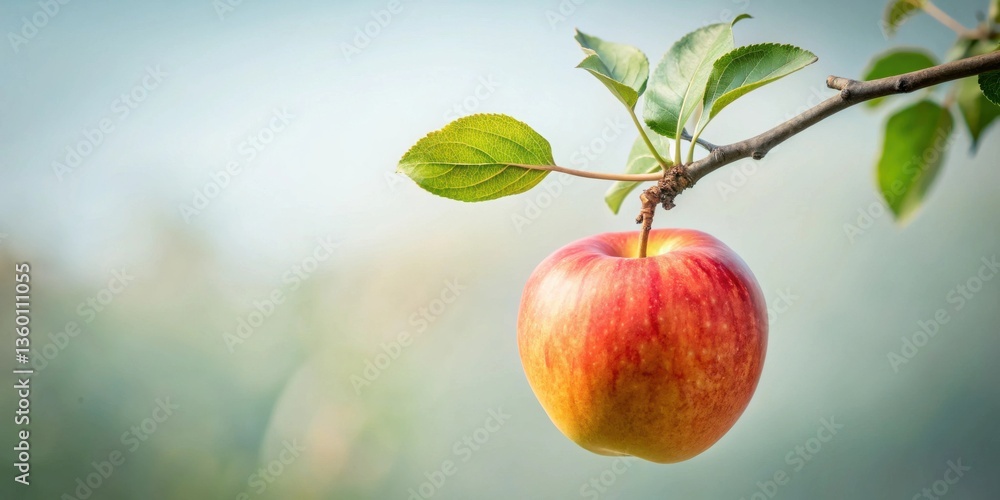 Aufkleber a single ripe apple hanging from a branch with vibrant green leaves against a soft, blurred backgrou