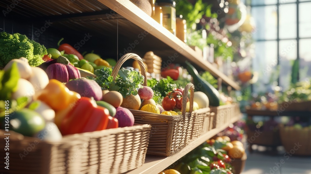 Poster sunlit shelves at a farm-to-table market overflowing with vibrant fresh produce arranged in rustic w