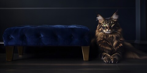 Maine Coon cat relaxes beside a stylish velvet ottoman in a modern interior
