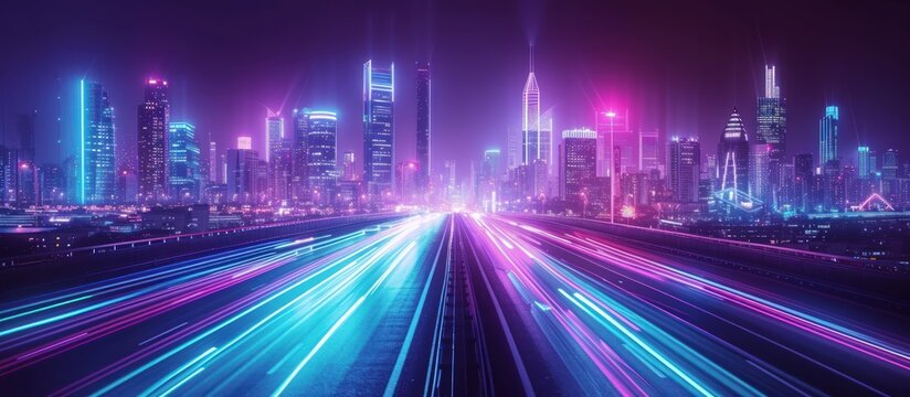 Futuristic cityscape night with neon purple and blue glowing lights background. Generated AI
