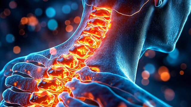 Futuristic anatomical illustration of a glowing human spine and neck, depicting pain, inflammation, or nervous system activity. Ideal for healthcare, chiropractic, neurology, or medical research topic