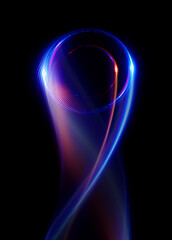 Swirl Stage. Neon glowing circles. Light Trails. Glint bright spiral. Motion ellipse..Slow shutter light trajectory. Long shiny tape. Accelerate twisted ribbon. Glowing dynamic lines.