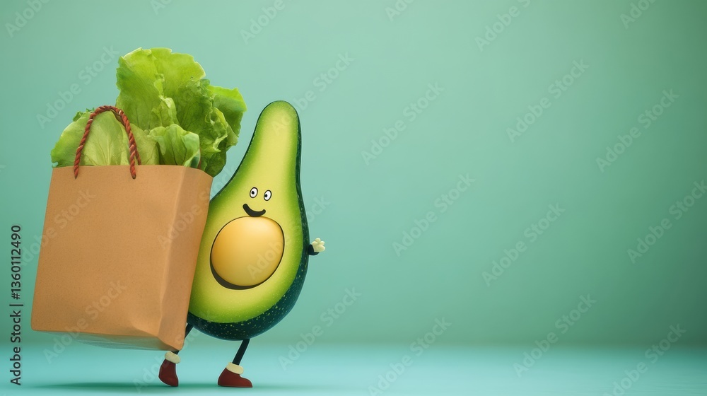 Aufkleber Humorous cartoon avocado carrying a large grocery bag with green lettuce in playful pastel setting Generative AI